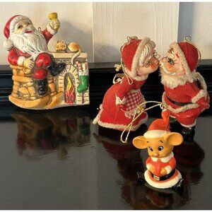4 Vintage Ornaments Flocked Santa & Mrs Claus Christmas Mouse Santa by Fire